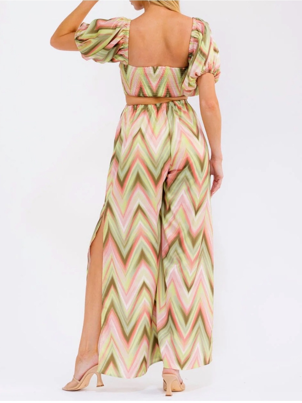 WOMEN'S SHORT PUFF
SLEEVE OPEN BACK WIDE
LEG JUMPSUIT - Picture 5 of 6